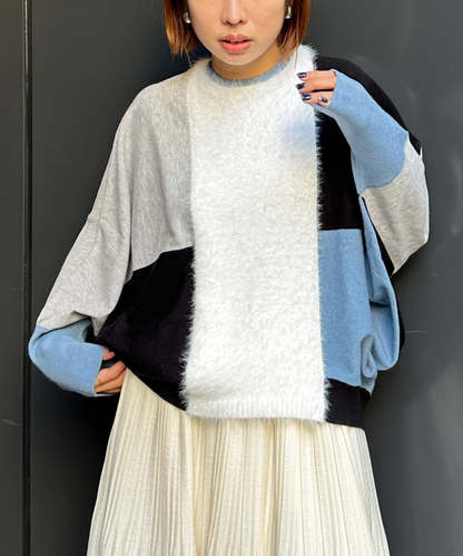 【FONT LAB】シャギーコンビカラーブロックニット