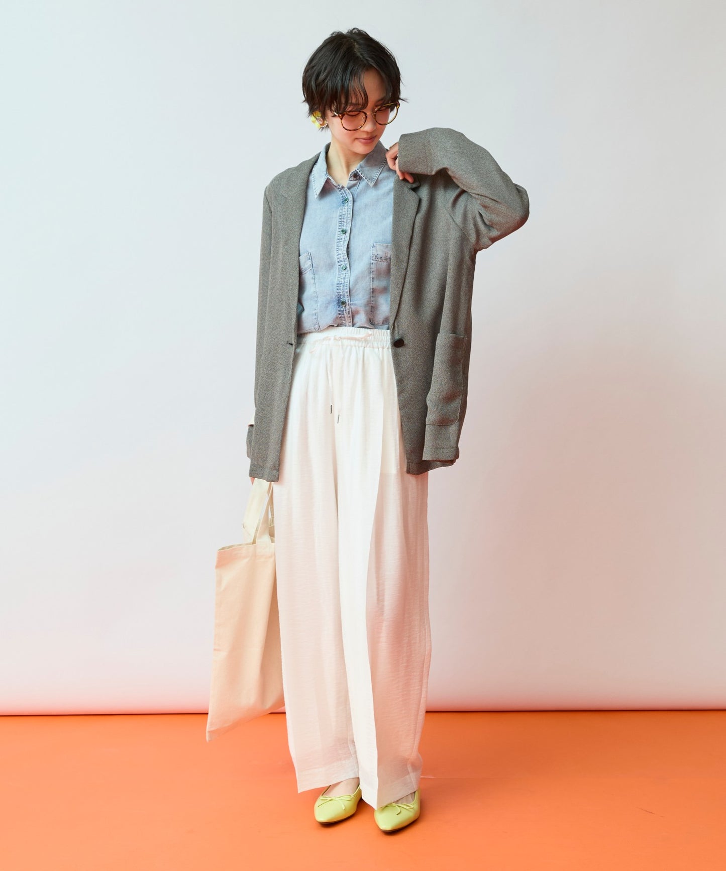 01-5960　【FONT LAB】シャーリングスリーブデニムシャツ