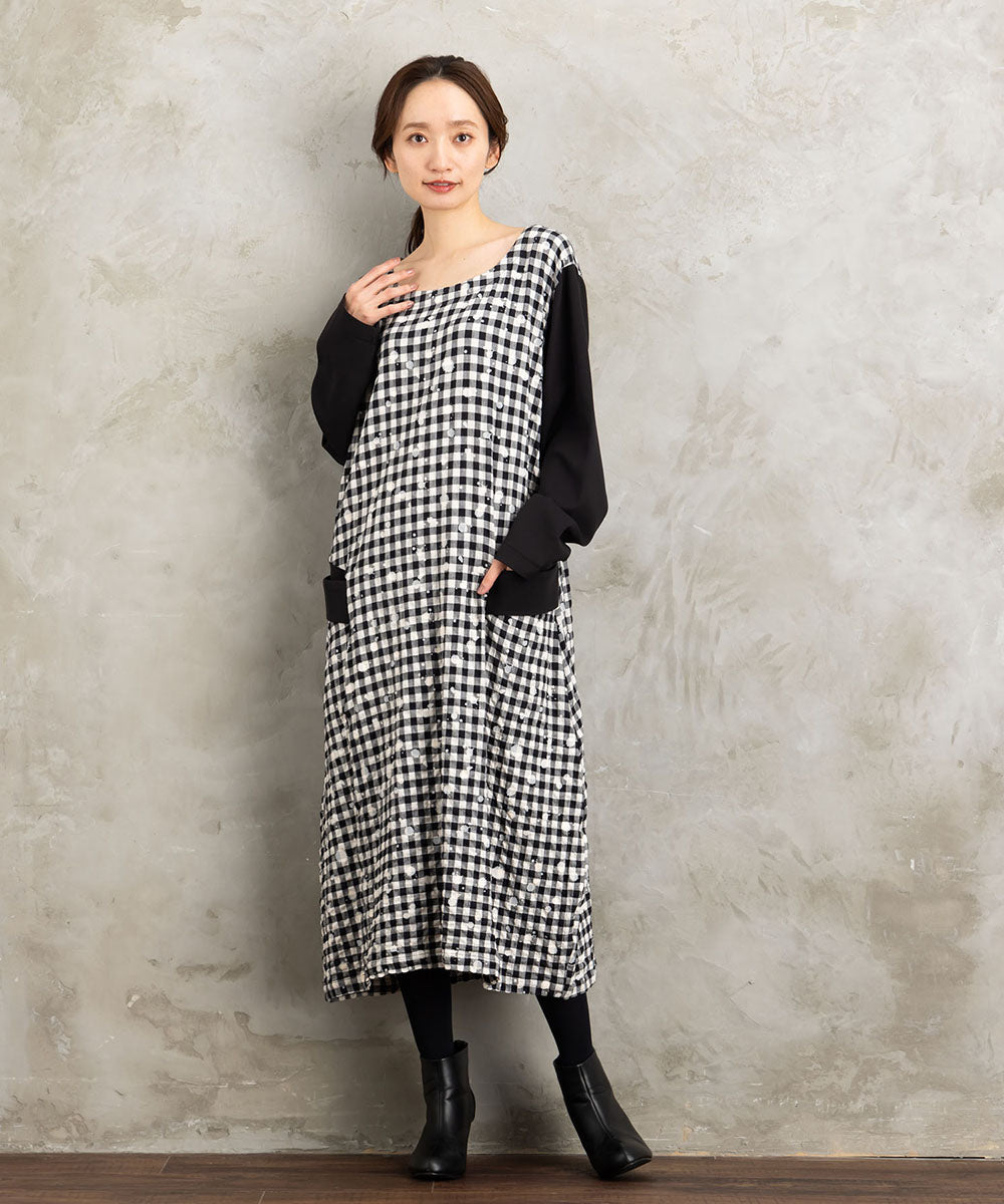 KOKOMARINA ギンガムチェックスパッタリングワンピース