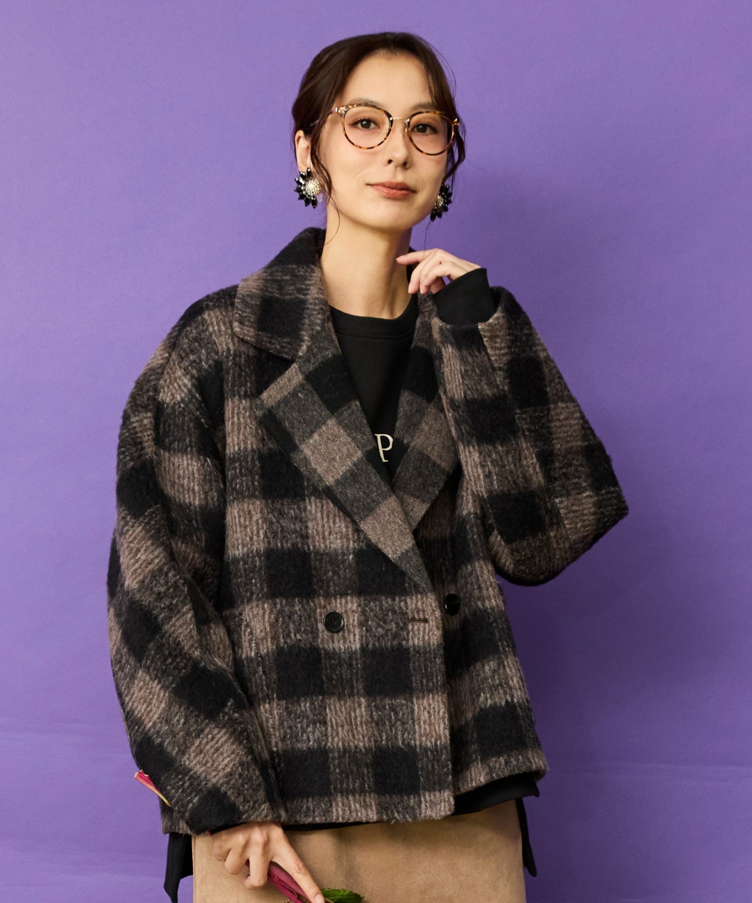 72-5605 【The KORNER】アルパカシャギーチェックショートコート