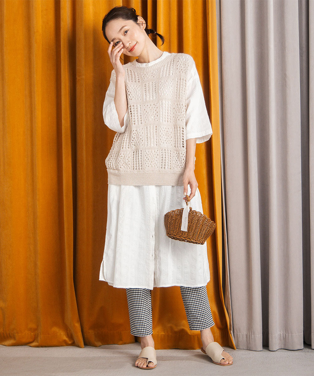 54-1331　21号(6L～) 〈MADE IN JAPAN〉【抗菌防臭・吸水速乾・アンチピリング】ホールガーメントブロックレース柄ニットベスト【先行予約】