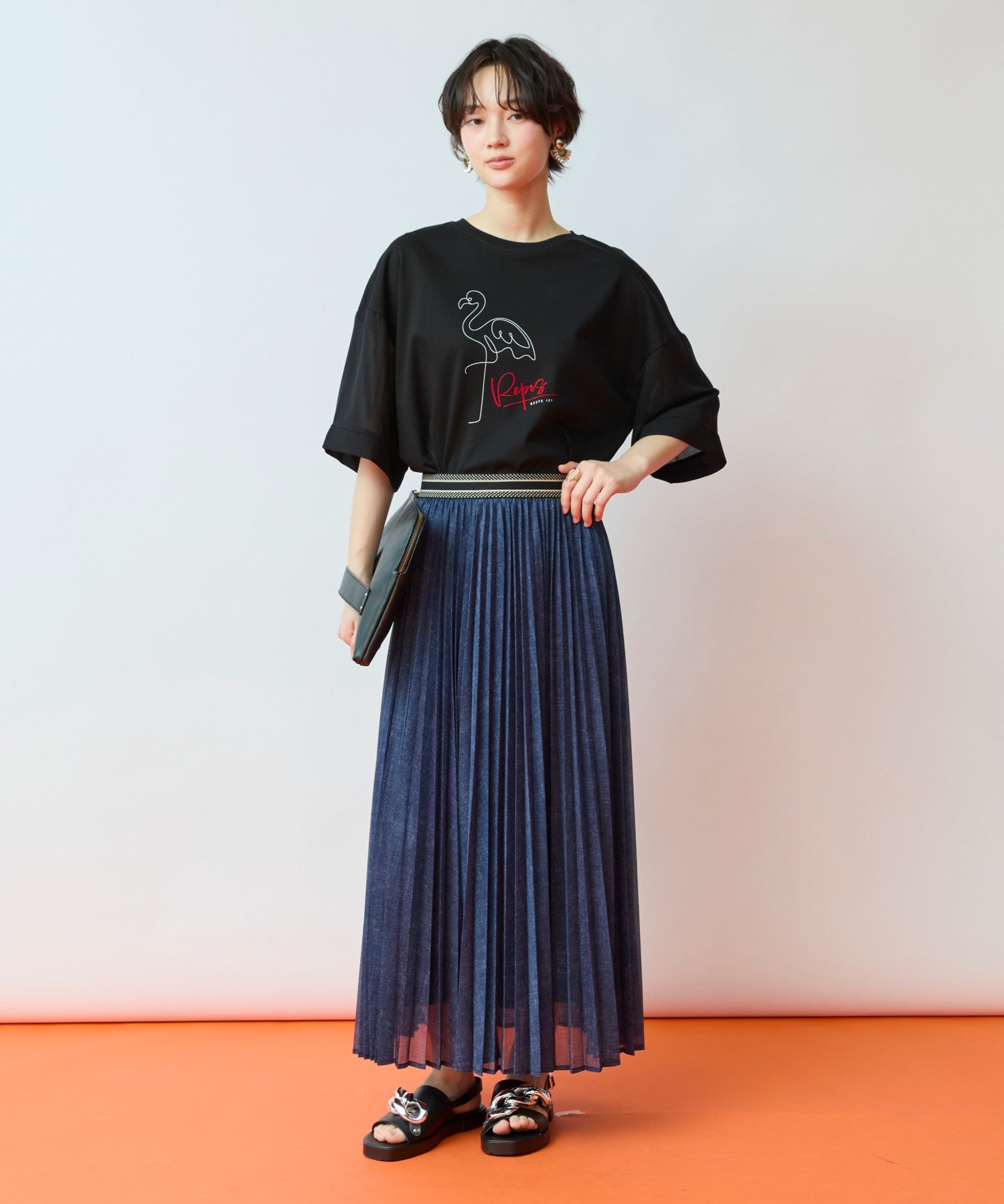 14-5924 【FONT LAB】デニムプリントシアープリーツスカート