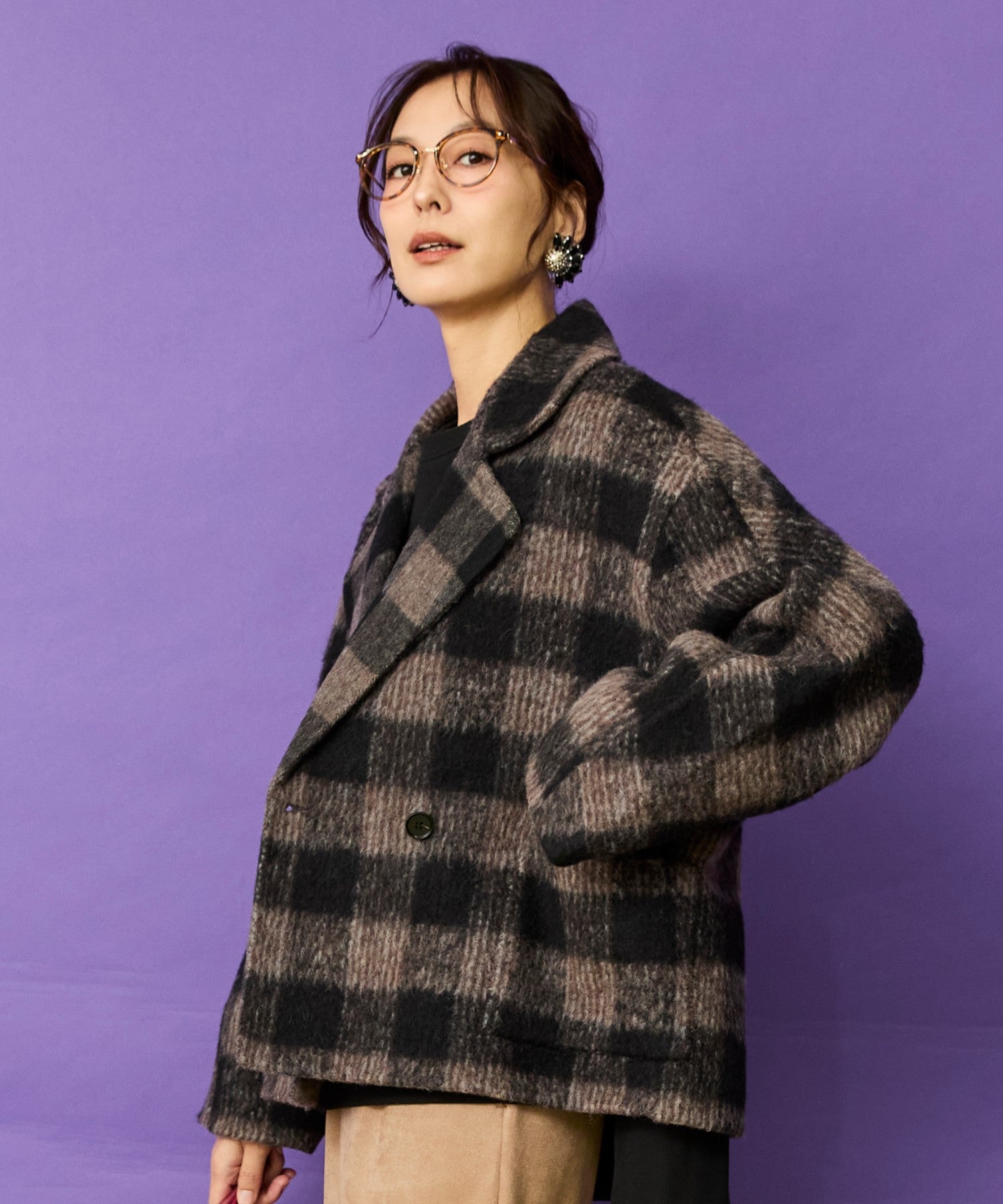72-5605 【The KORNER】アルパカシャギーチェックショートコート