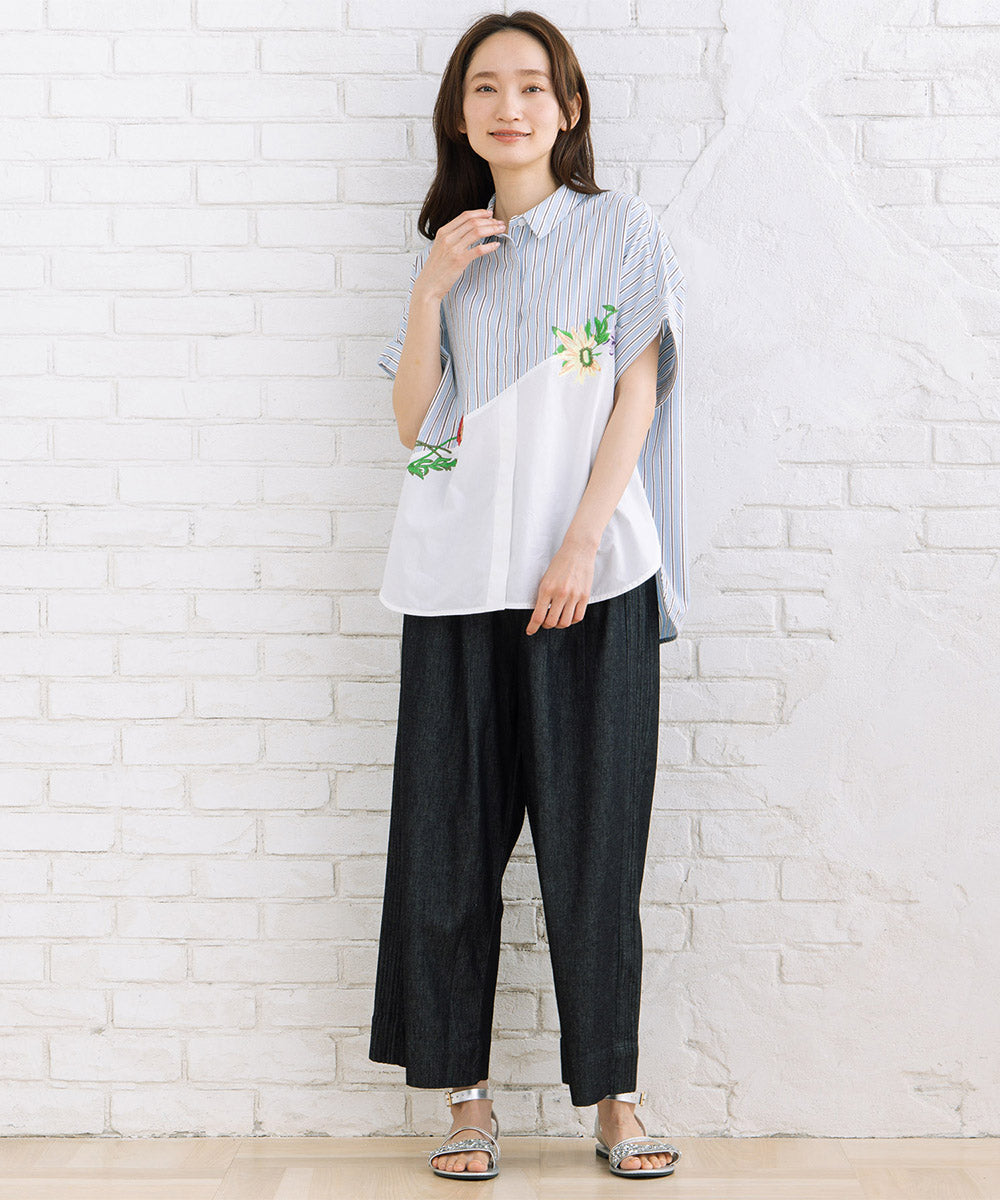 NUMPH フラワーエンブロイダリーストライプフレンチスリーブシャツ