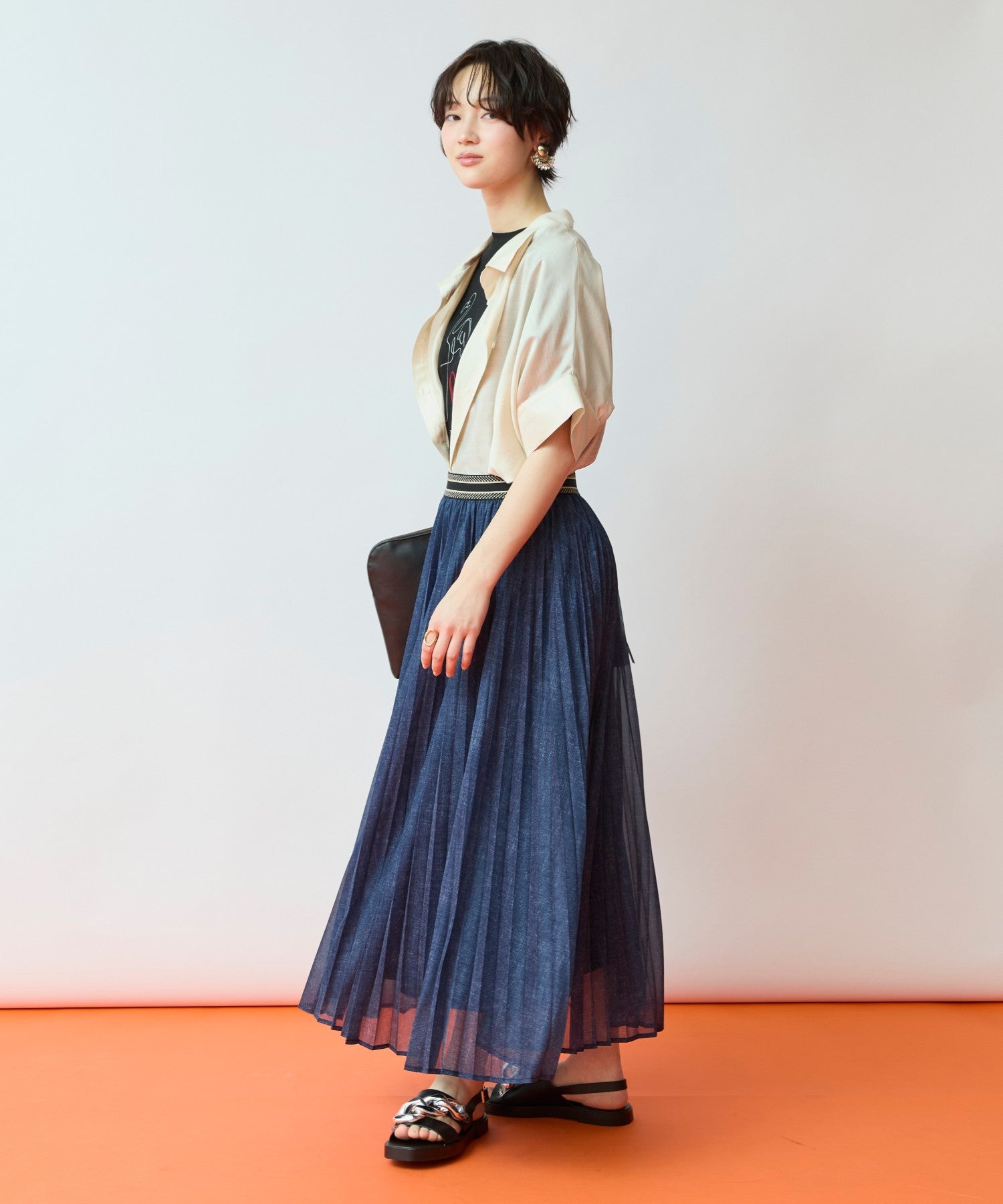 14-5924 【FONT LAB】デニムプリントシアープリーツスカート