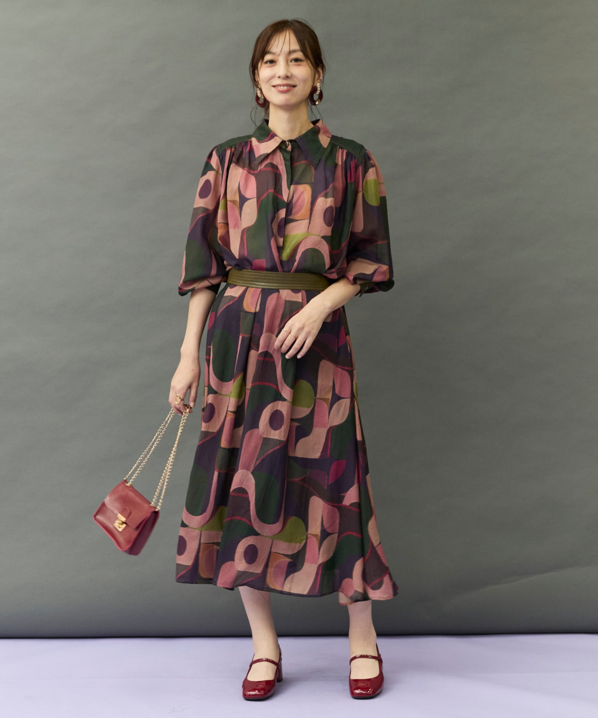 【SKATIE】ジオメトリックプリントウエストレザースカート
