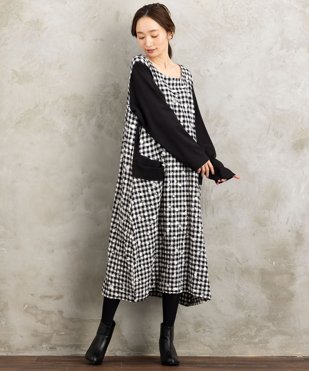 KOKOMARINA ギンガムチェックスパッタリングワンピース