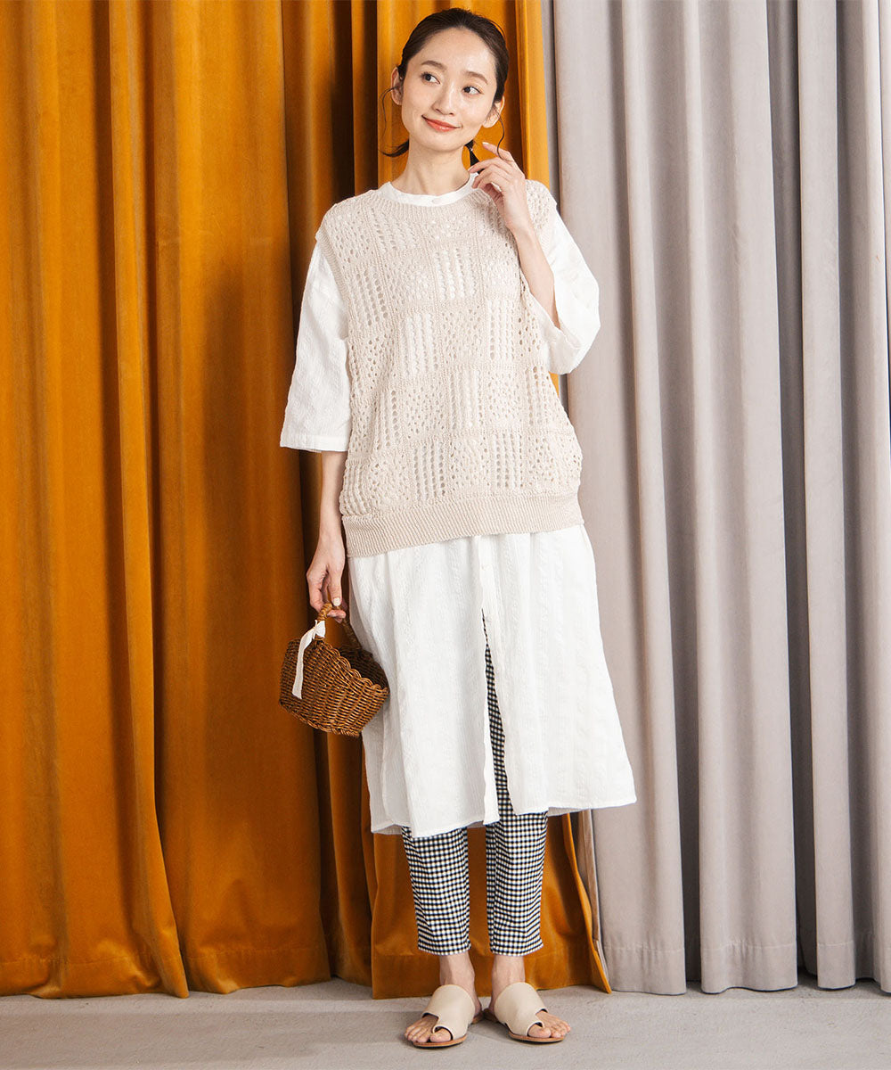 21号(6L～) 〈MADE IN JAPAN〉【抗菌防臭】ホールガーメントブロックレース柄ニットベスト