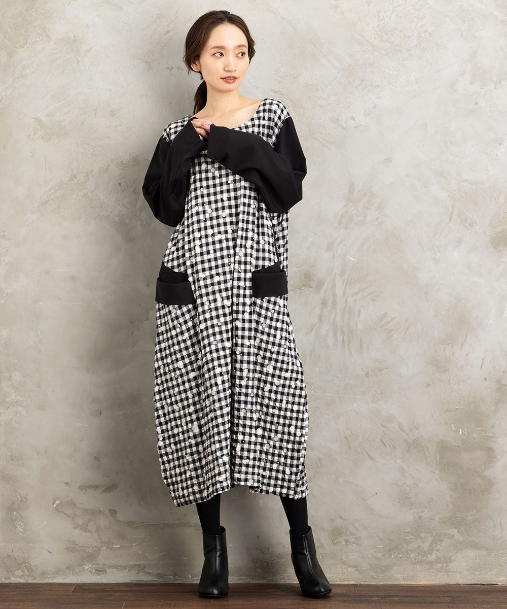 21号(6L～) KOKOMARINA ギンガムチェックスパッタリングワンピース