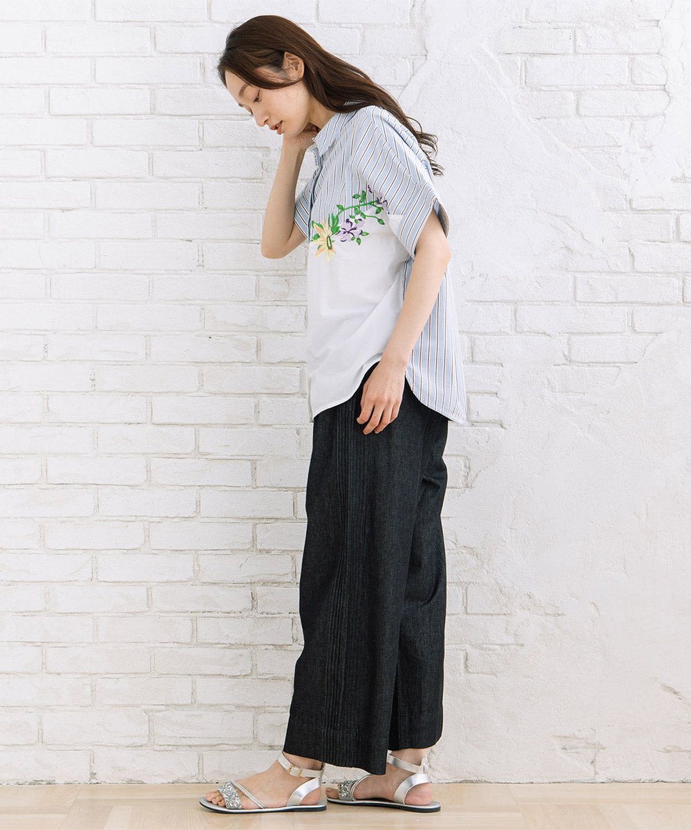 NUMPH フラワーエンブロイダリーストライプフレンチスリーブシャツ