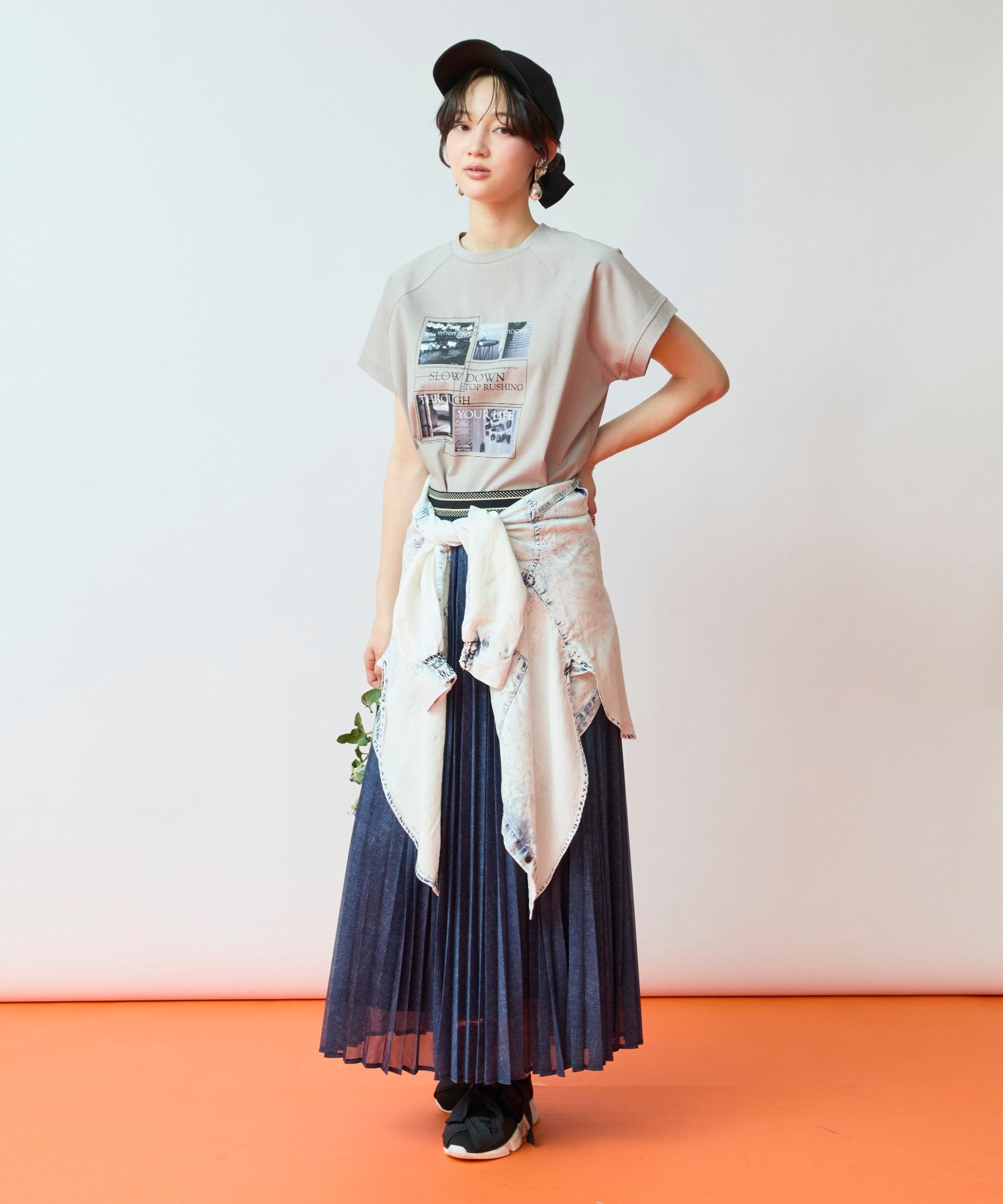 14-5924 【FONT LAB】デニムプリントシアープリーツスカート