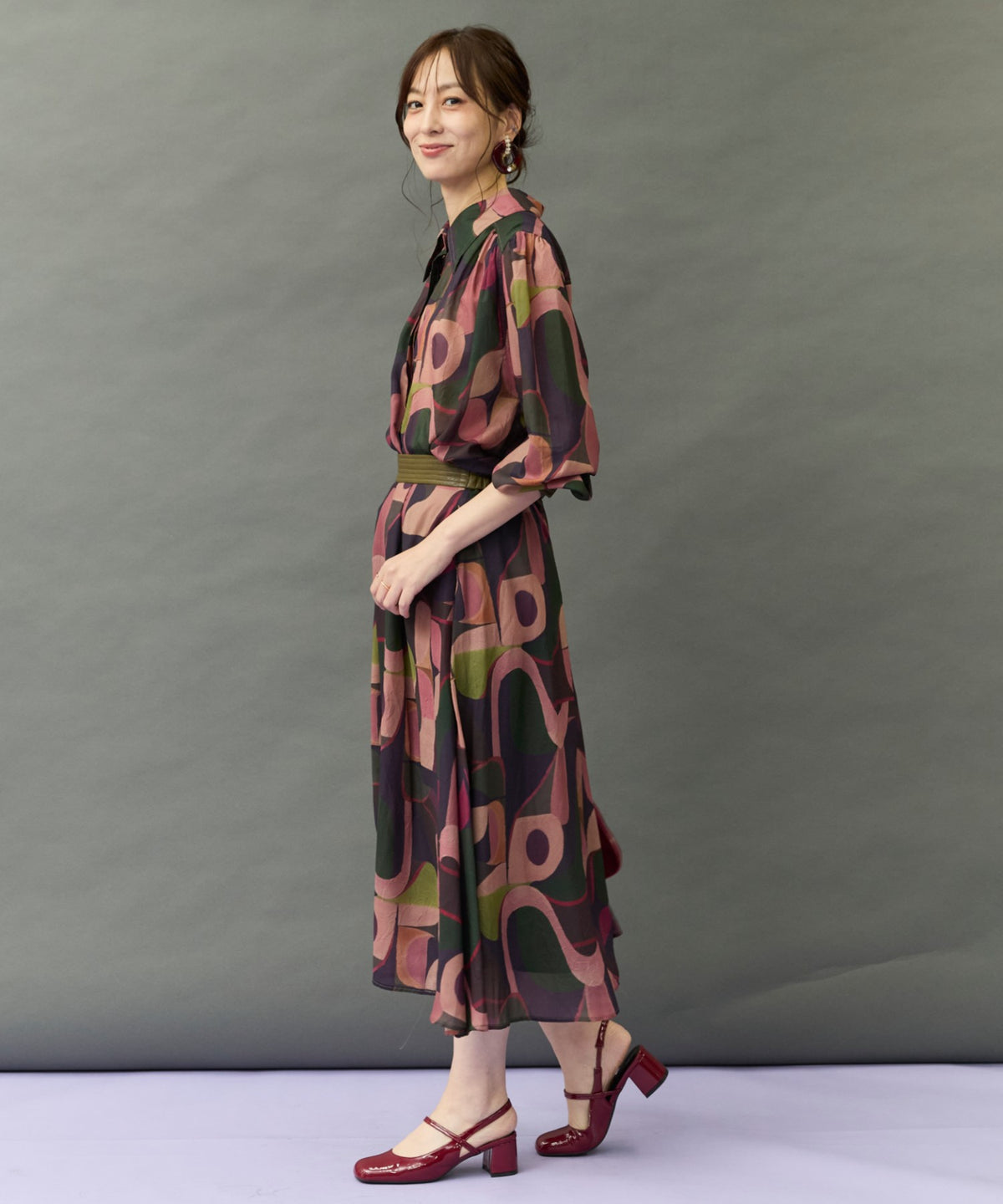 【SKATIE】ジオメトリックプリントウエストレザースカート