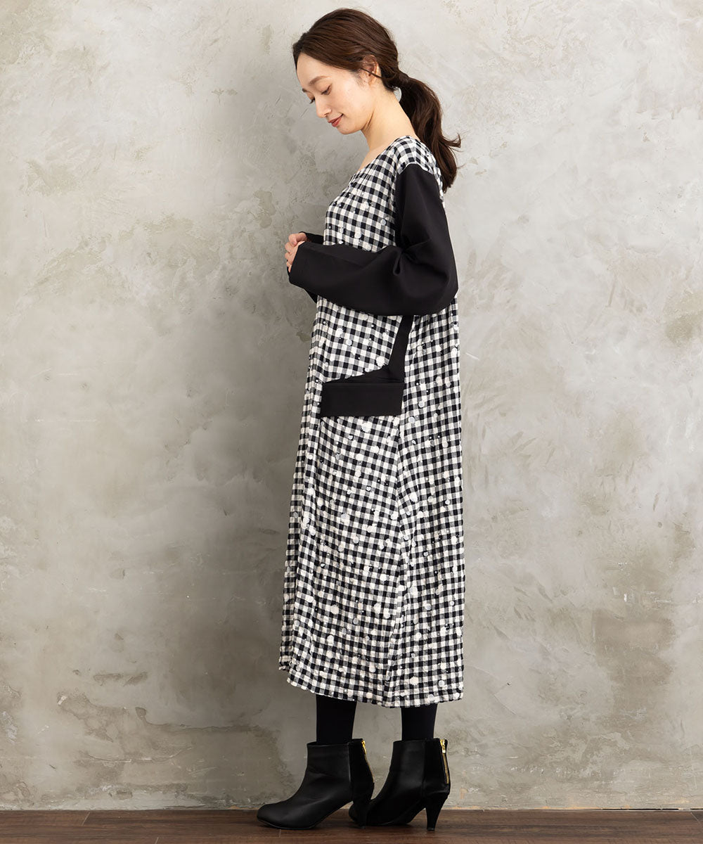 KOKOMARINA ギンガムチェックスパッタリングワンピース