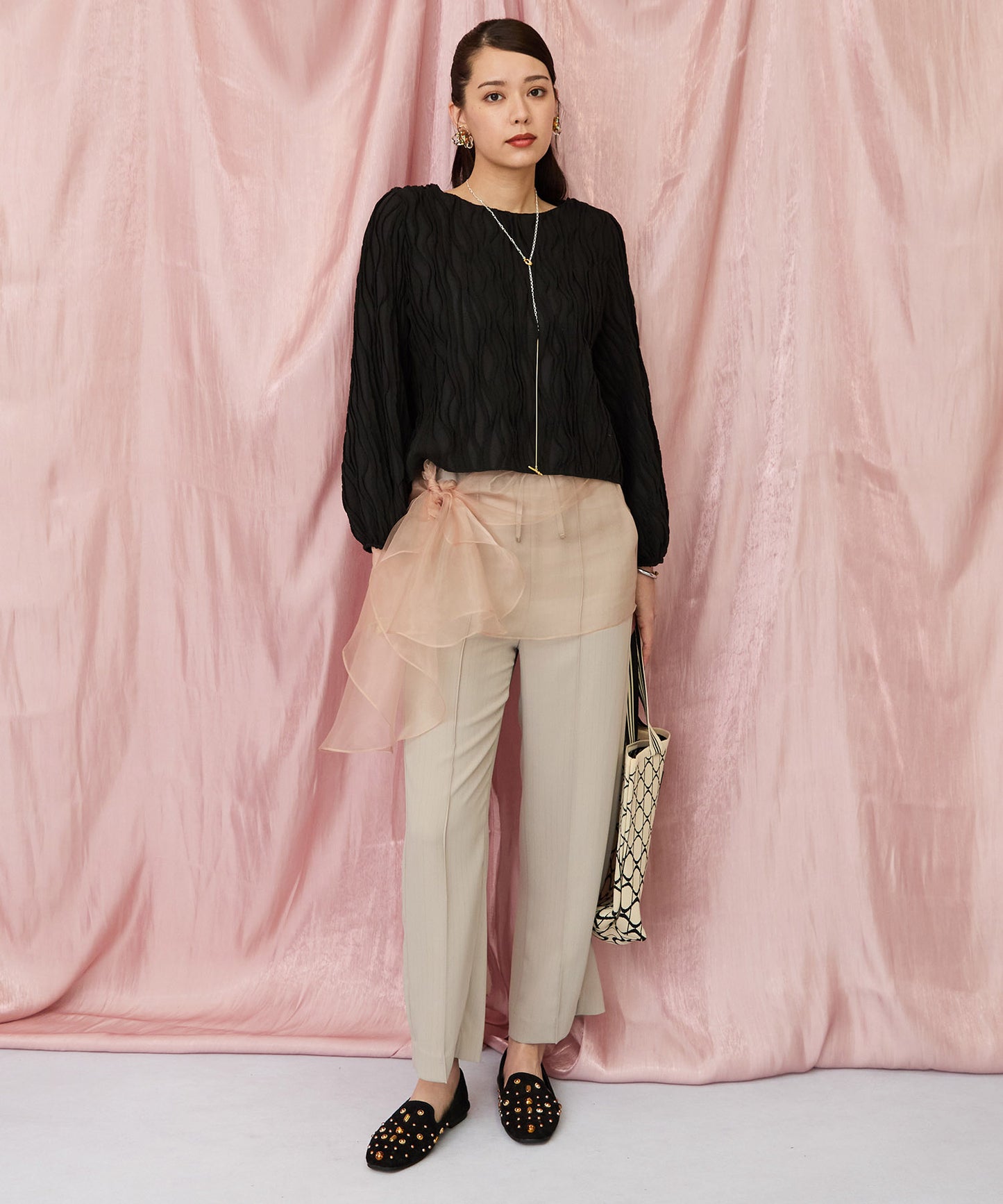 12-1898【JETSET SOLO PLUS】ラメピンストライプイージーパンツ