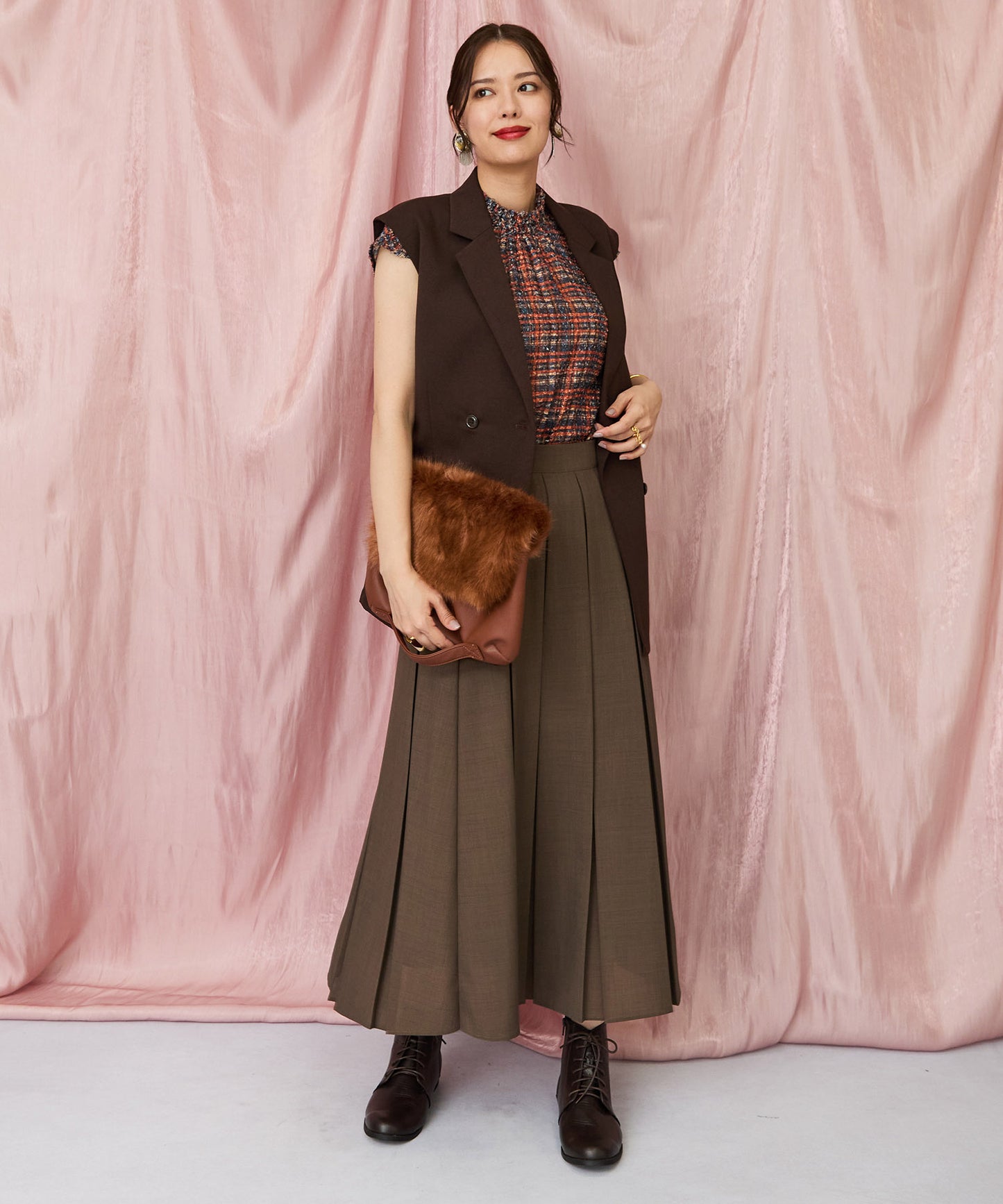 【FONT LAB】フリンジチェックハイネックブラウス