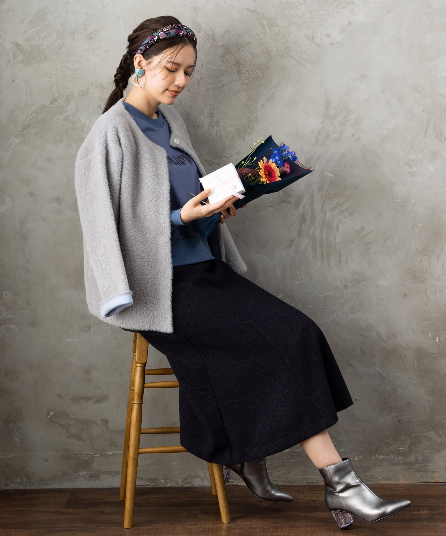 【JETSET SOLO PLUS】ネップツイードボタンデザインスカート