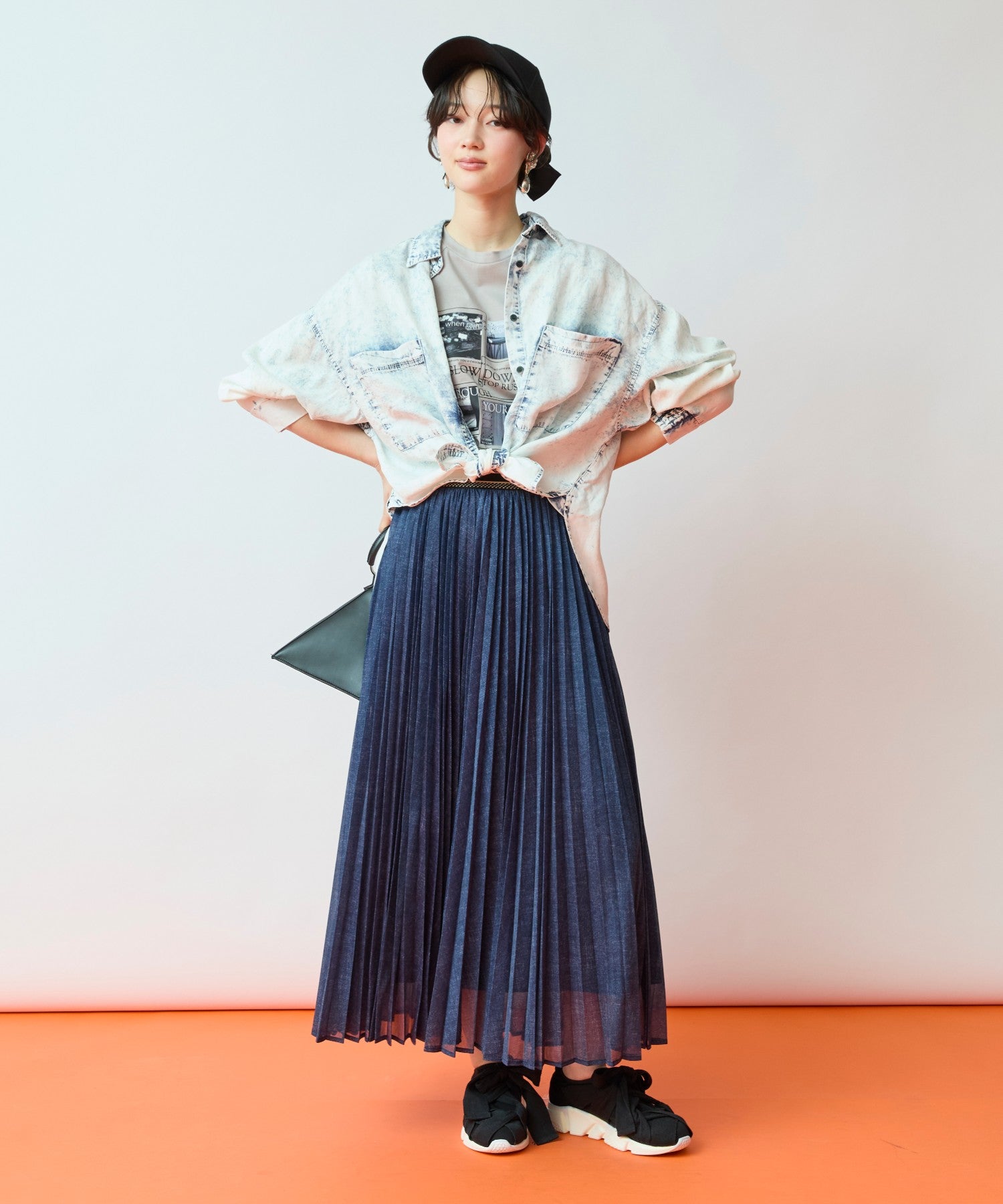 14-5924 【FONT LAB】デニムプリントシアープリーツスカート