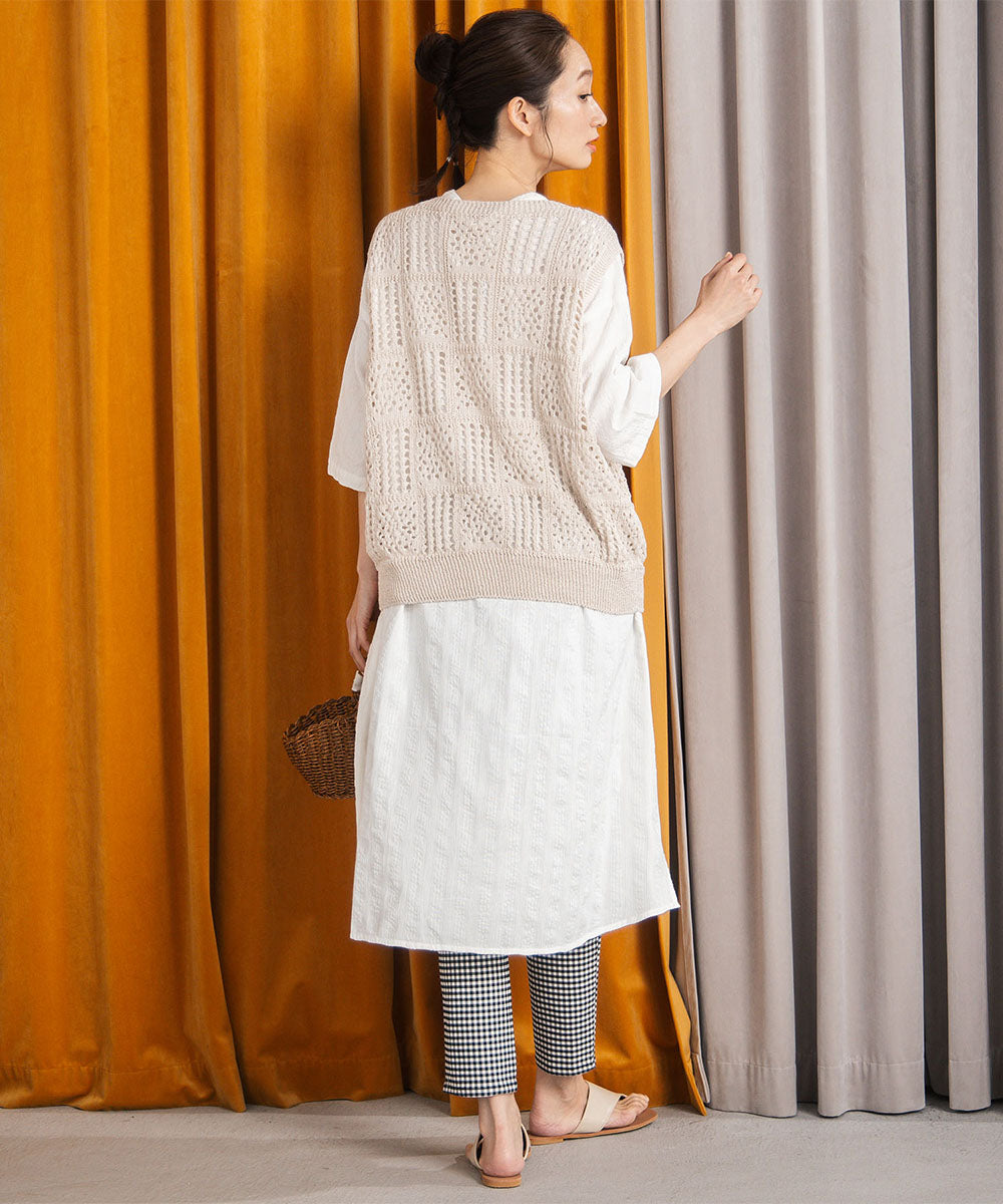 21号(6L～) 〈MADE IN JAPAN〉【抗菌防臭】ホールガーメントブロックレース柄ニットベスト