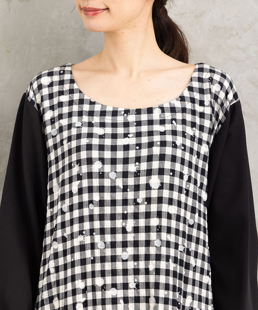 KOKOMARINA ギンガムチェックスパッタリングワンピース