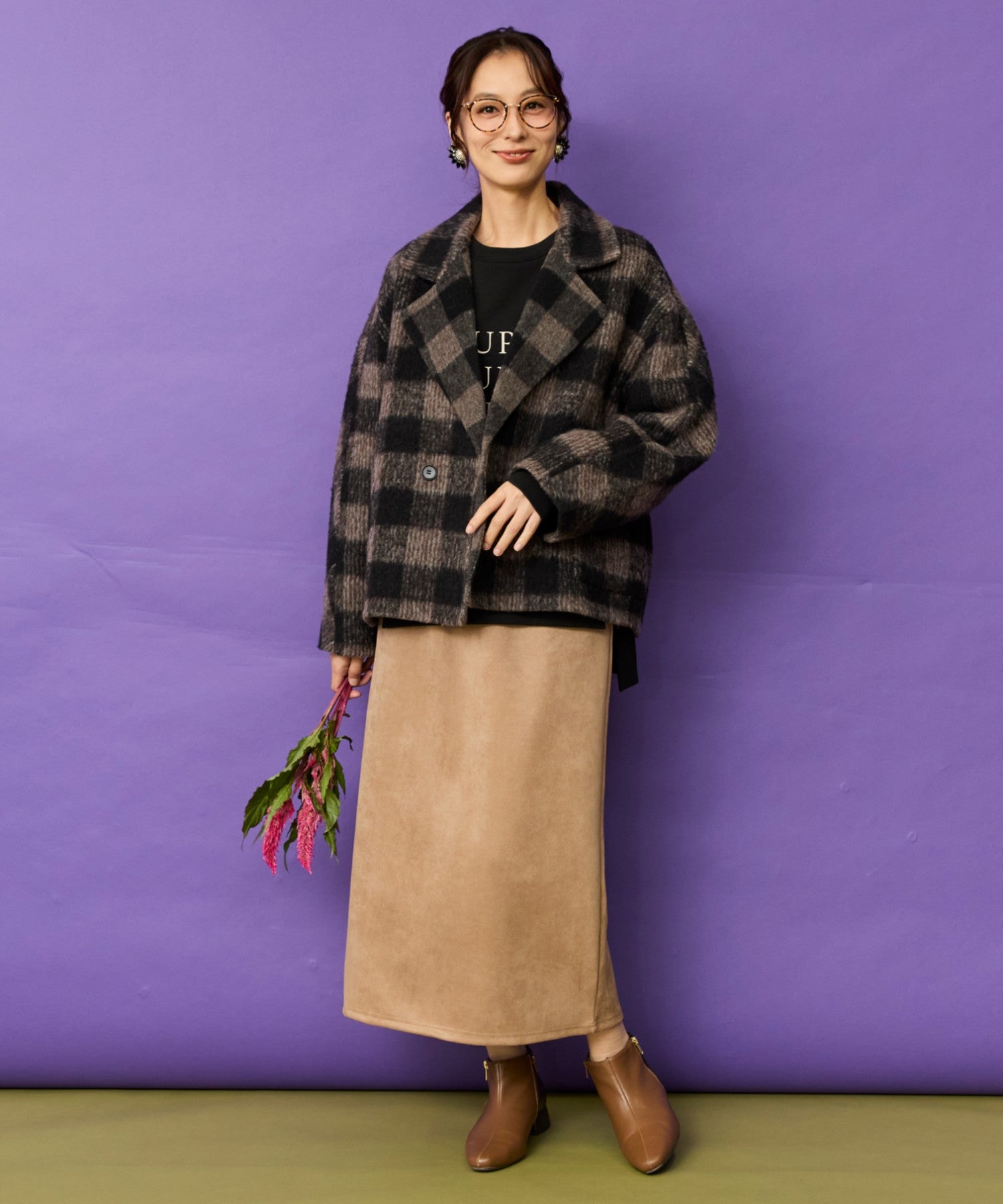 72-5605 【The KORNER】アルパカシャギーチェックショートコート 72-5605 【The KORNER】アルパカシャギーチェックショートコート