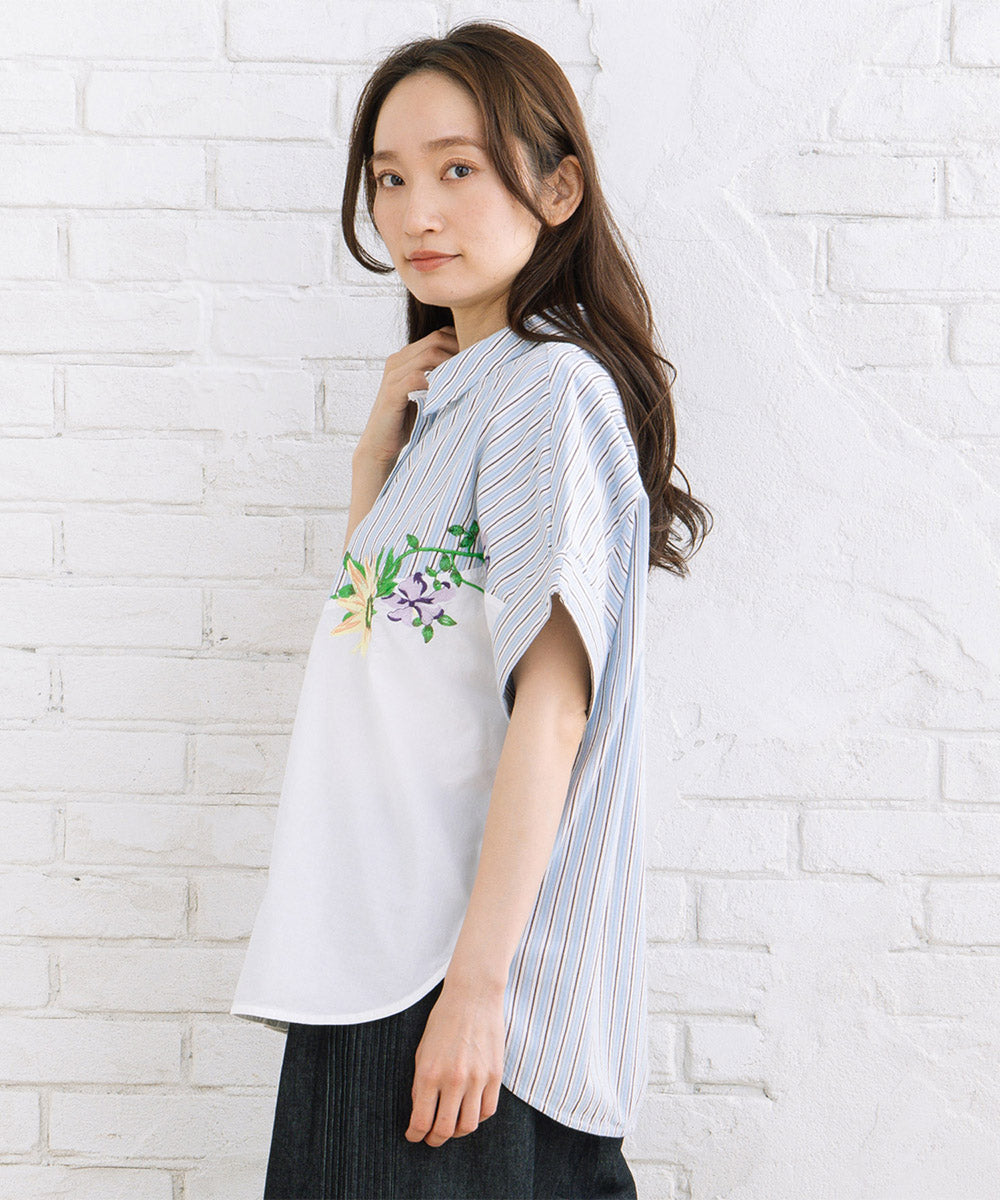 NUMPH フラワーエンブロイダリーストライプフレンチスリーブシャツ