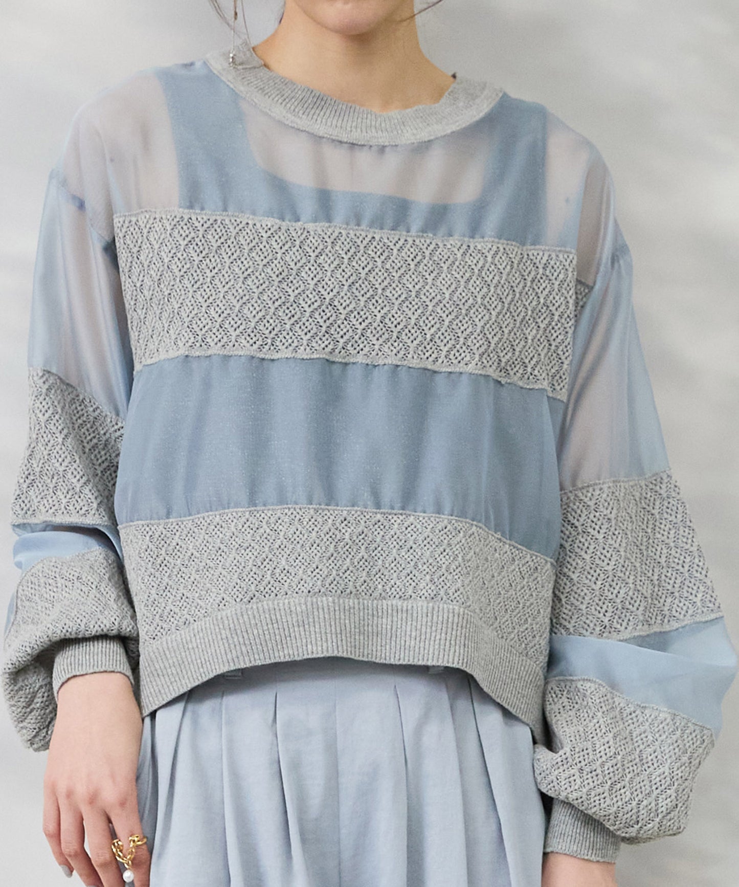 【FONT LAB】オーガンジー×透かし編みボーダーブラウス