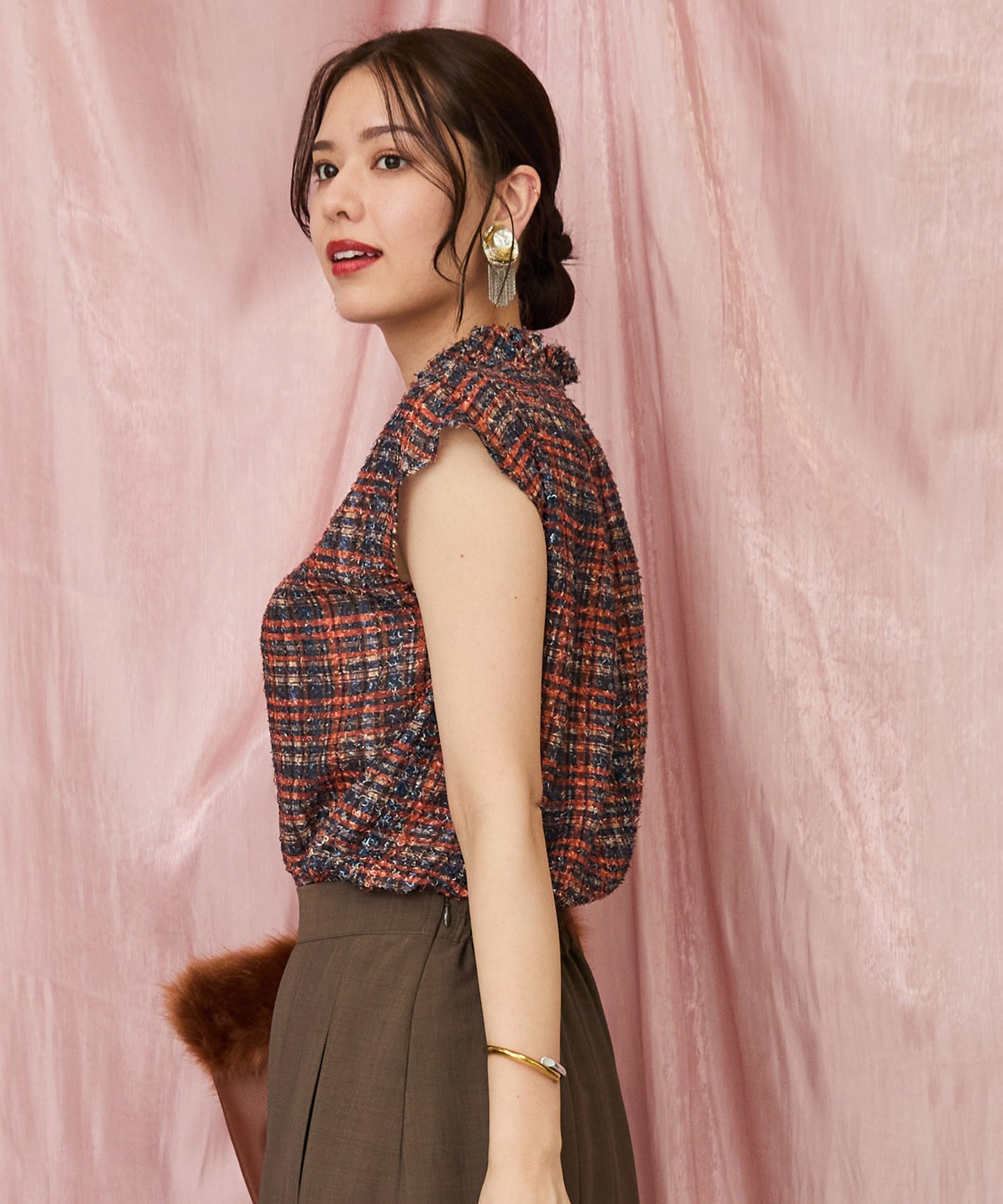 【FONT LAB】フリンジチェックハイネックブラウス