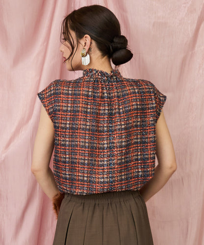 【FONT LAB】フリンジチェックハイネックブラウス