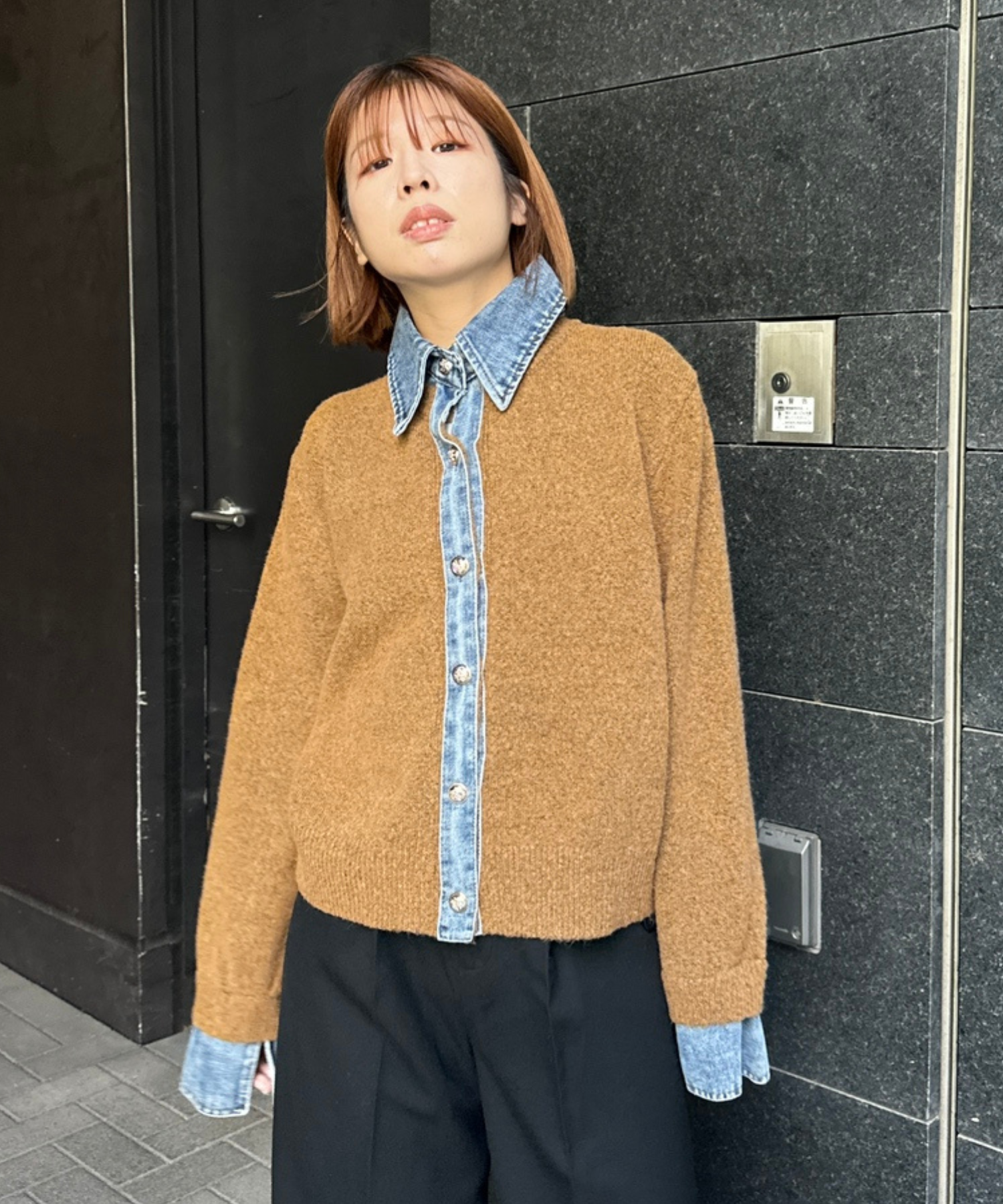 【FONT LAB】デニムシャツフェイクレイヤードニットカーディガン