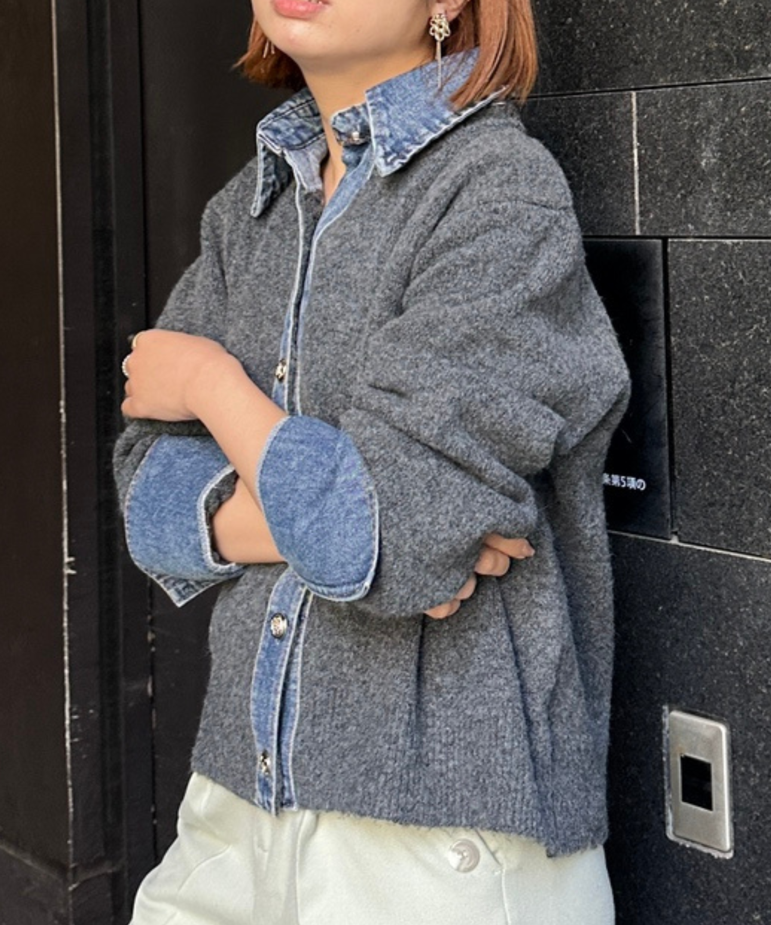 【FONT LAB】デニムシャツフェイクレイヤードニットカーディガン