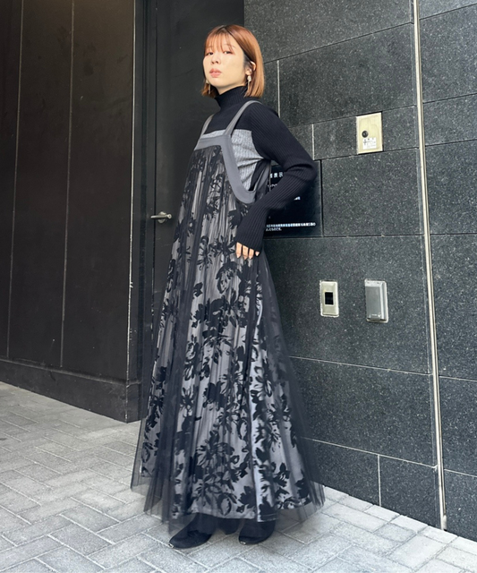 【FONT LAB】フロッキープリント×チュールコンビワンピース