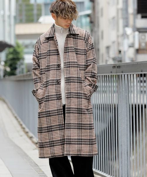 シャギーチェック ／ オーバーサイズ ロング丈 ステンカラー コート